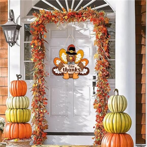 Thanksgiving Give Thanks Turkey Front Door Sign, Fall Wooden Thankful Wreath - Picture 5 of 8